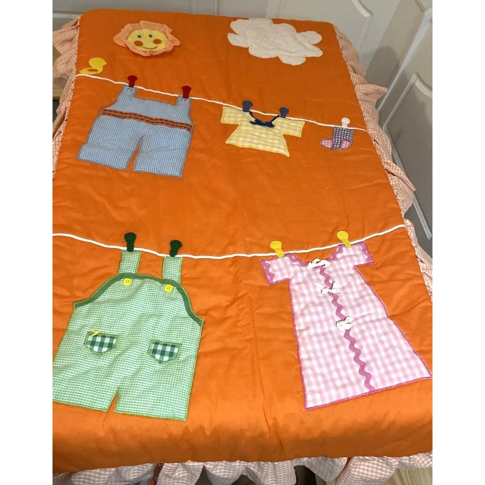Vintage Baby Blanket Quilt Comforter 60 x 37 Clothes Line Orange‎ Gingham RARE